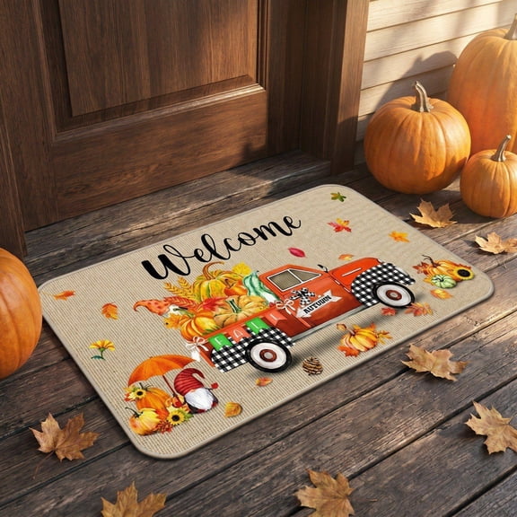 PiGOGI Fall Welcome Doormat, Vintage Truck Pumpkin Floor Mat, Non-Slip Entryway Rug, for Front Door Thanksgiving