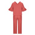 thumbnail image 4 of qolati Women Linen Two Piece Sets Cotton Linen Ruffled Bell Sleeves Shirts and Wide Leg Capris Pants Suit Summer Casual Loose 2 Piece Beach Outfits, 4 of 6