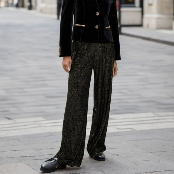 SNKSDGM Women's Plus Black Pants for Women Petite Size Womens Capri Pants Elastic Waist Women's Wide Leg Sequin Trosuers Gold Sparkly Casual Pants Green High Waist Glitter Loose Trouser