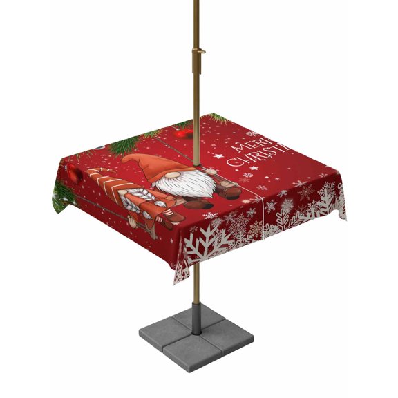 Outdoor Tablecloth with Umbrella Hole and Zipper, Red Gnomes Christmas Square Table Cloth 60x60 Inch Waterproof Tablecloth, Xmas Weeping Balls Snowflake Picnic Table Cover for Patio Camping