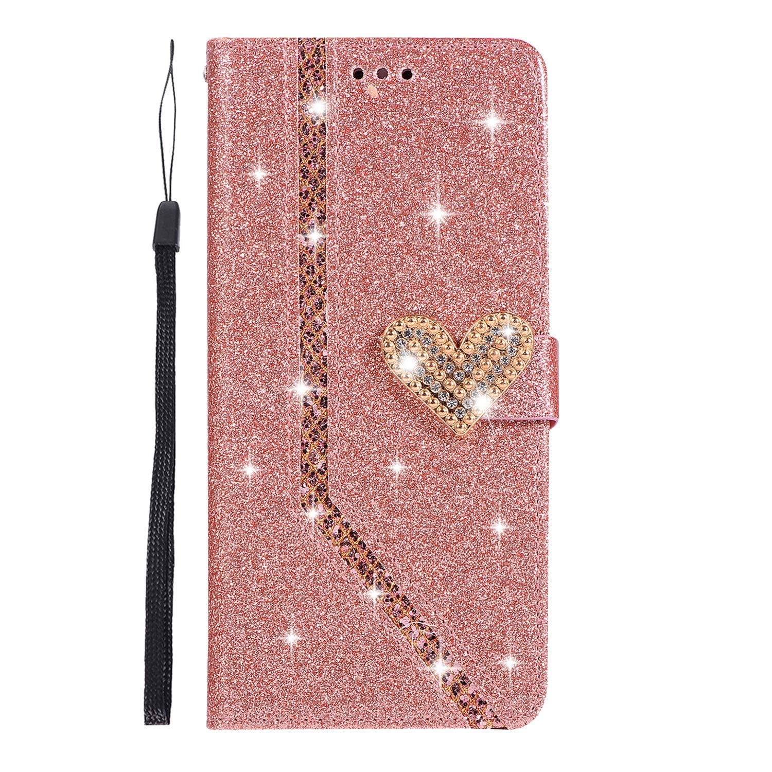 Uposao Compatible with Samsung Galaxy J6 Plus 2018 Case Bling Diamonds Glitter Love Heart Floral Embossing PU Leather Wallet Case with Kickstand Card Holder Flip Cover Magnetic Closure,Rose Gold 