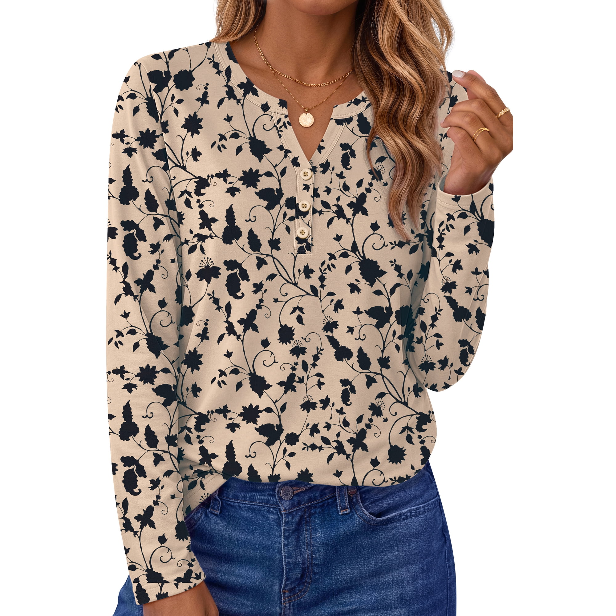 Fantaslook Henley Long Sleeve Shirts for Women Casual V Neck Fall Tops Dressy Work Blouses