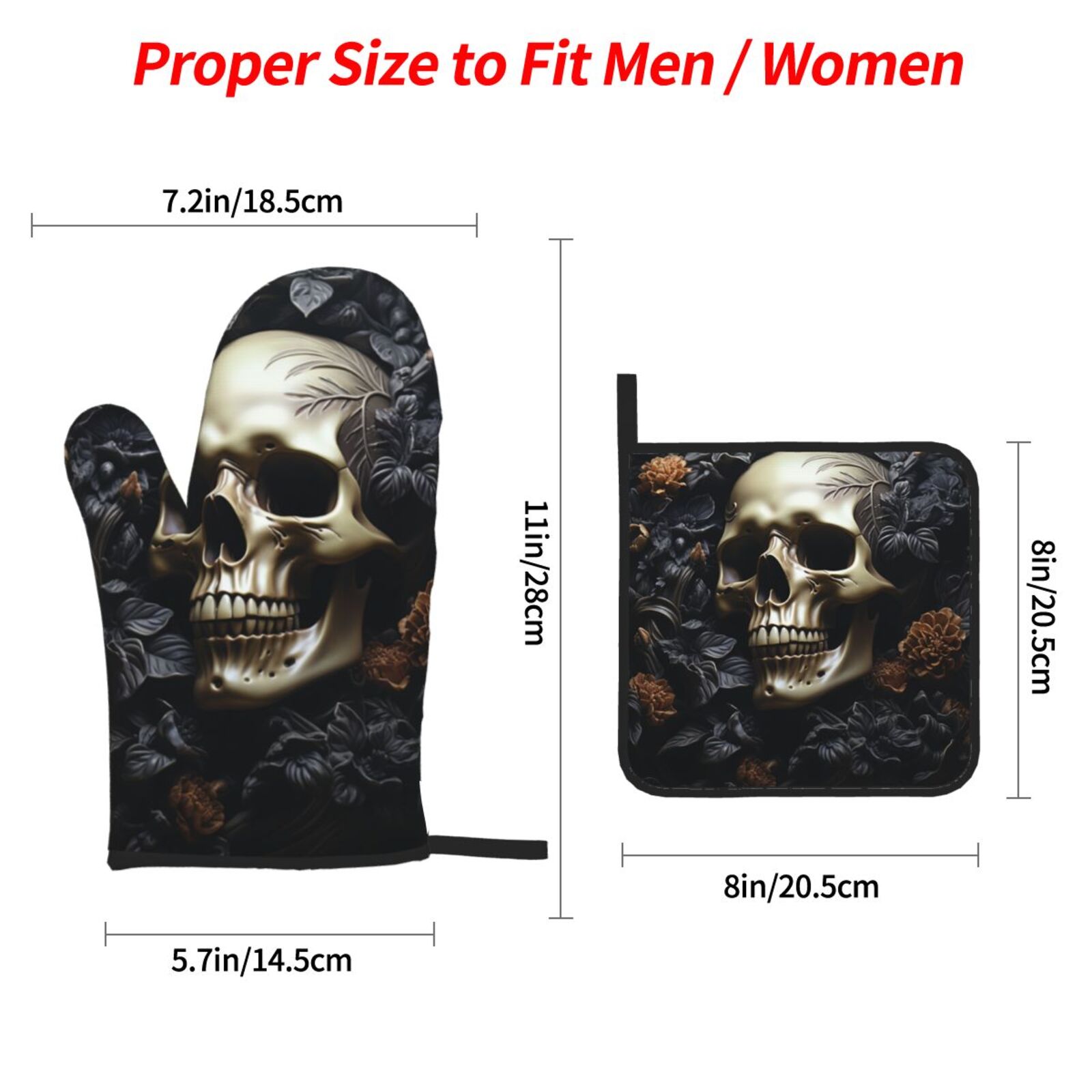 Death Skull Gothic Art Black 4Pcs Oven Mitts and Pot Holders Sets Oven Kitchen Gloves Hot Pads for Cooking BBQ Baking Grilling