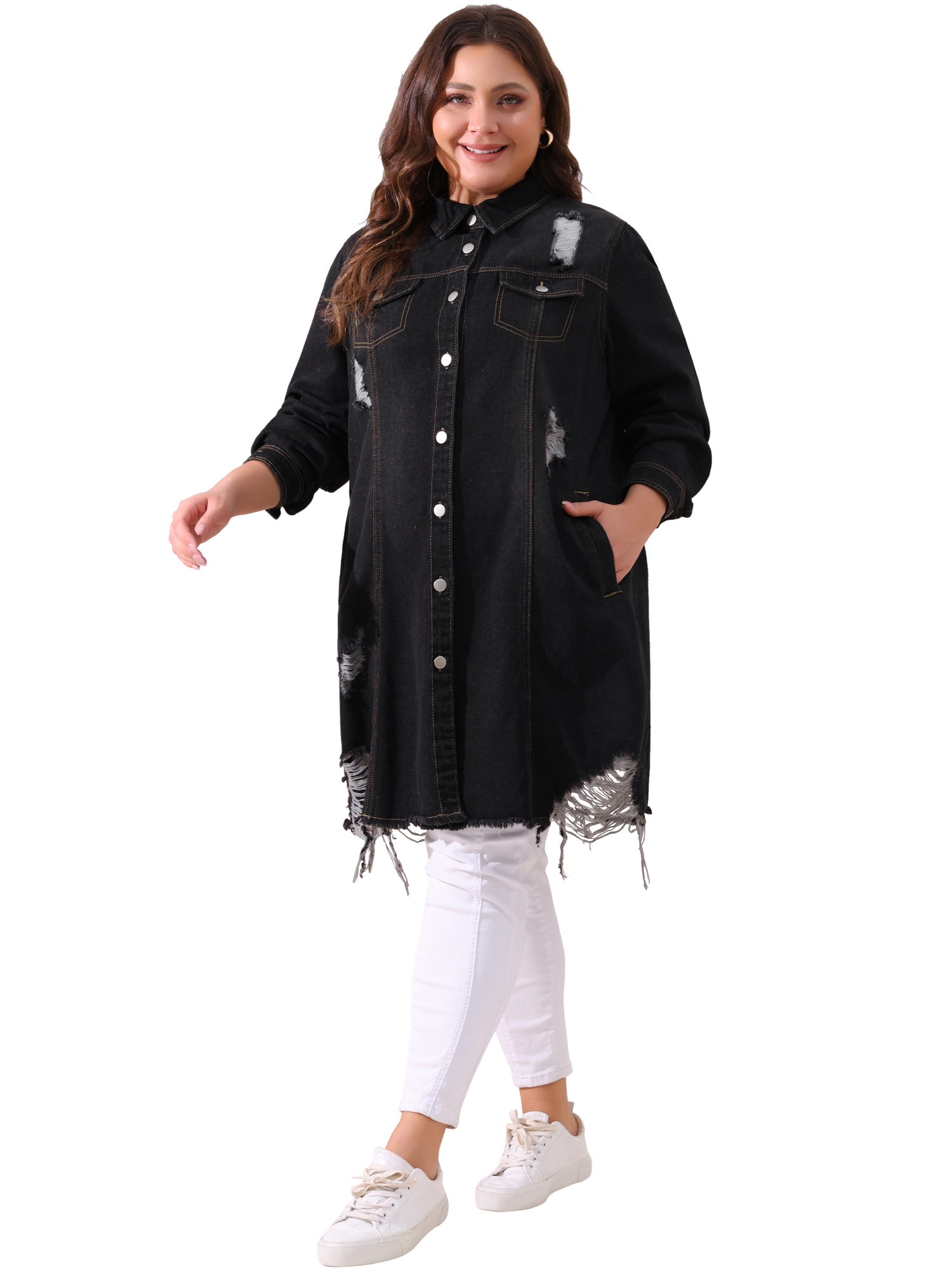 DARING DIVA Women's Plus Size Distressed Fray Hem Trucker Denim Jackets 1X Black