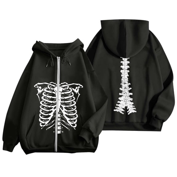 MUXiin Black Halloween Hoodie Women,Women's Zip Up Hoodie Oversized Streetwear Skeleton Graphic Pullover Casual Soft Jacket Style Athletic Comfort Fit Oversized Vintage Streetwear,M