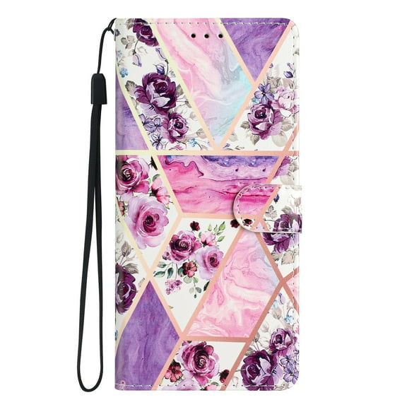 Allytech Case for Samsung Galaxy S23  6.6" 2023, Premium PU Leather Anti-Scratch Hands Free Kickstand Hand Strap Credit Card Slots Case for Galaxy S23 Plus 5G, Purple Floral Marble