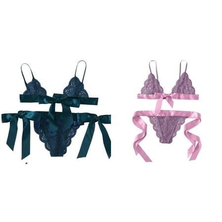 2-Pack Women Bra Underpant Scalloped Trim Tie Side Lace Set Lingerie Bow Lingerie for Women Nightwear See Thru Lingerie for Women Lingerie with Stockings plus Size Rhinestone Lingerie