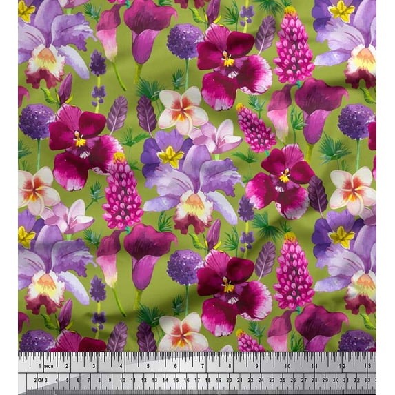 Soimoi Green Poly Georgette Fabric Pink & Purple Floral Watercolor Print Fabric by The Yard 52 Inch Wide