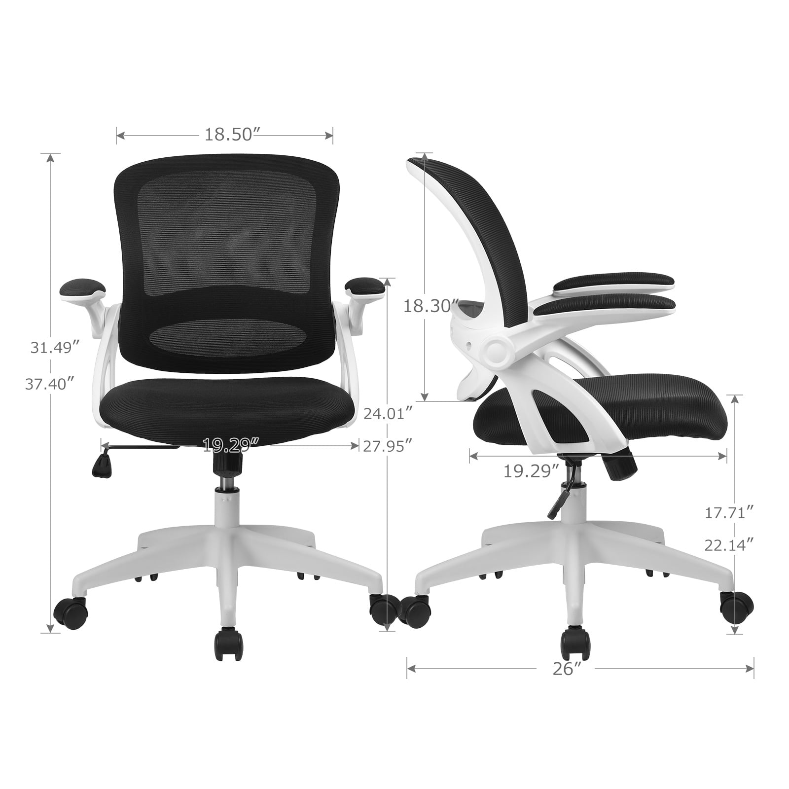 COMHOMA Office Chair Desk Ergonomic Chair with Flip-up Armrest Back Support Mesh Chair for Home Office White 