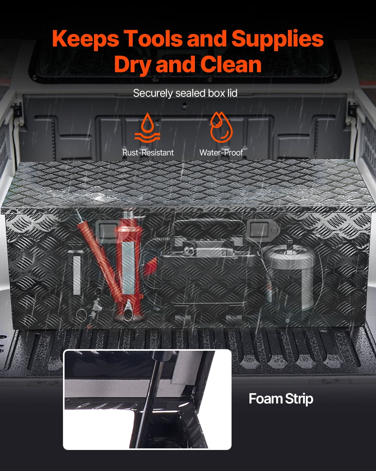 VEVOR Heavy Duty Aluminum Truck Bed Tool Box, Stripes Plated Tool Box with Side Handle and Locks Keys, Storage Toolbox Chest Organizer for Trailer, Pickup, Truck Bed, RV, 48"x19.5"x17.5", Black