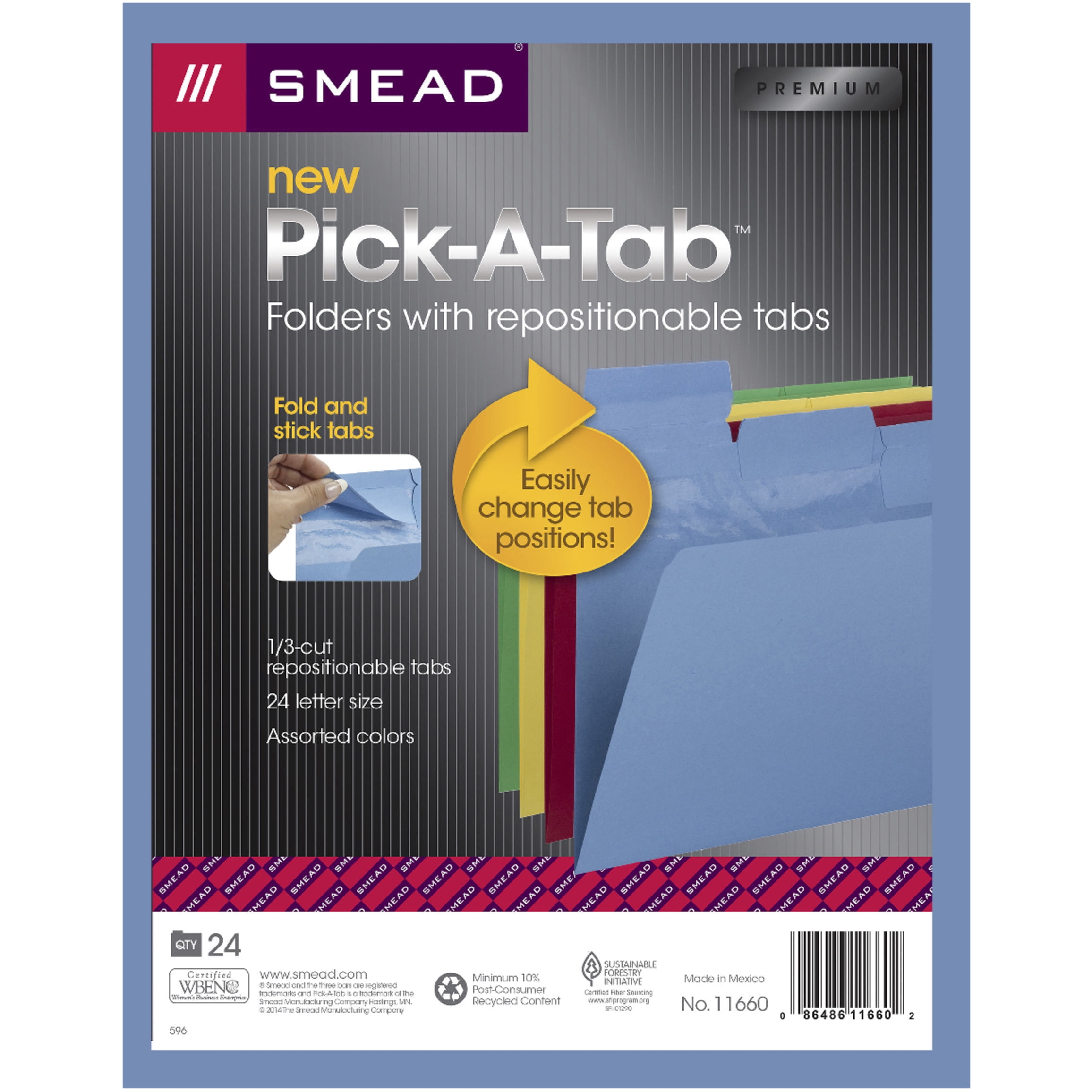 Smead PickATab Folder 1/3 Cut Letter, Asst Colors, 24/PK (11660