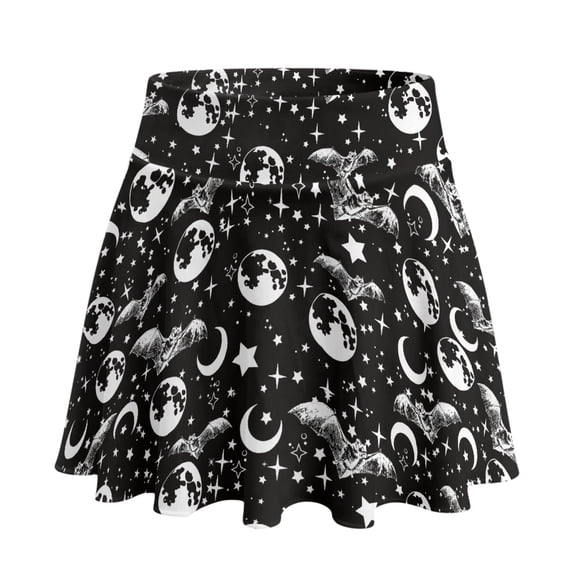 HELLHERO Built-in Shorts Tennis Skirt for Golf Hiking, Bat and Moon Pattern Polyester Spandex Blend Breathable Golf Skorts 2 Side Pockets