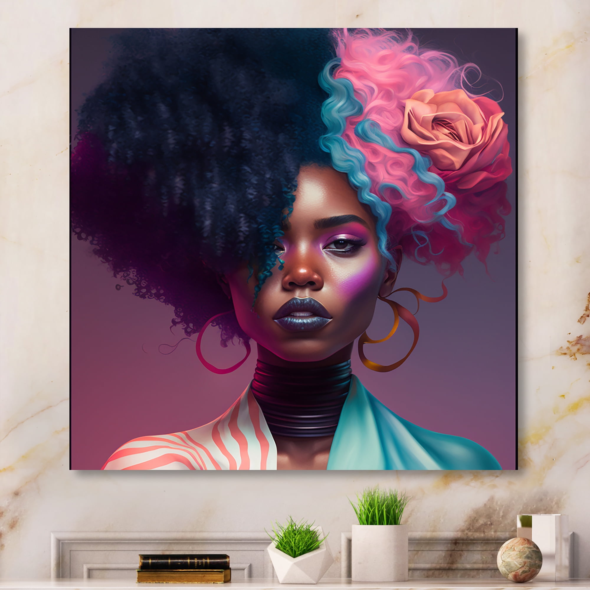 Designart Pink And Blue African American Woman I Canvas Wall Art