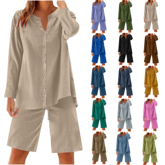 Lcziwo Two Piece Shorts Sets for Women Long Sleeve Henley V Neck Button Down Shirts and Drawstring Elastic Waist Pockets Shorts Casual Outfits Hot Pink,S
