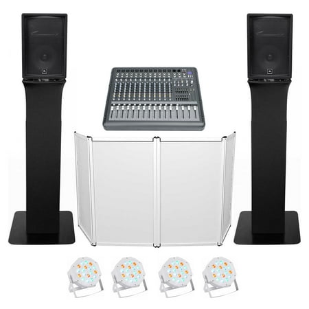 DJ Package with (2) JBL JRX212 2000w 12" Speakers+Mixer+Totem Style Stands+Façade