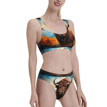 Uemuo Oil Painting Style Iceberg Yak Printed Women s High Waisted Bikini Sets Sporty Two Piece Swimsuits Color Block Cheeky High Cut Bathing Suits-XX-Large