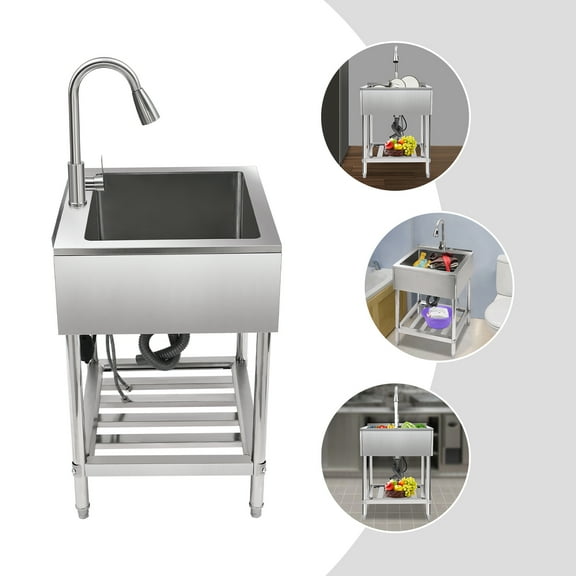 ChicHomey Free Standing Single Bowl Sink, Stainless Steel Utility Sink– Adjustable Faucet, Extra Storage Tier,for Laundry Room Kitchen Restaurant Garage Garde