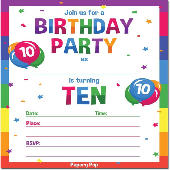 Rainbow Blast Invitations de Fête d'Anniversaire 10 Ans - Lot de 15 avec Enveloppes Invitations Colorées pour Garçons et Filles Célébrez une Décennie avec Style!
