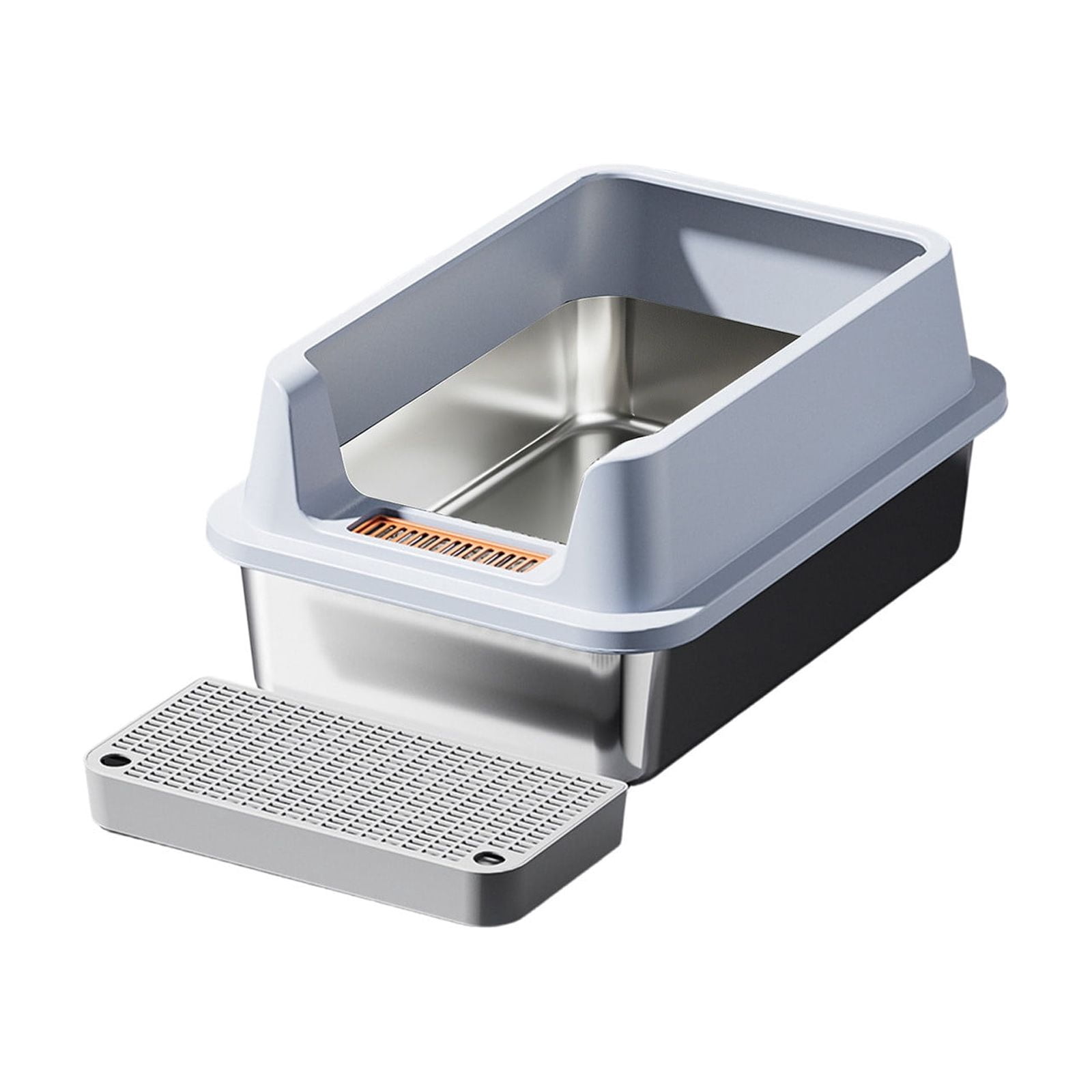 Stainless Steel High Sided Litter Box For Cats, Odor Resistant Easy Clean Pet Toilet With Step Platform And Scoop, Durable Cat Litter Tray Solution