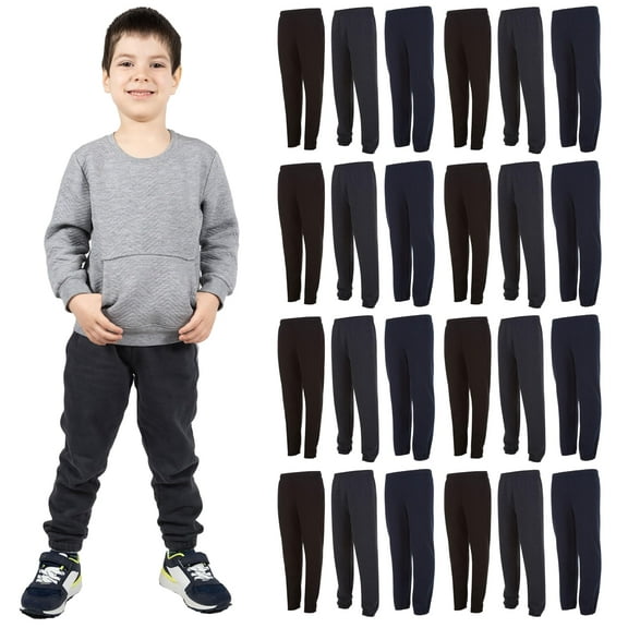Yacht & Smith 24 Pack of Boys Jogger Bulk Sweatpants, Black Navy Gray, Comfy Lounge Joggers for Kids (Assorted, Large)