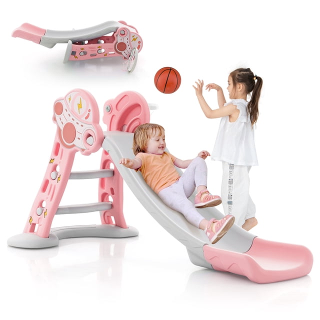 Costway Glissoire Intérieure 3-en-1 pour Enfants avec Panier de Basketball et Ballon de Basketball, Zone Tampon de Sécurité Rose