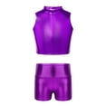 thumbnail image 2 of iiniim Kids Girls Sparkly Dance Shiny Crop Tank Tops with Gym Shorts 2 Piece Dancewear Purple 10, 2 of 5