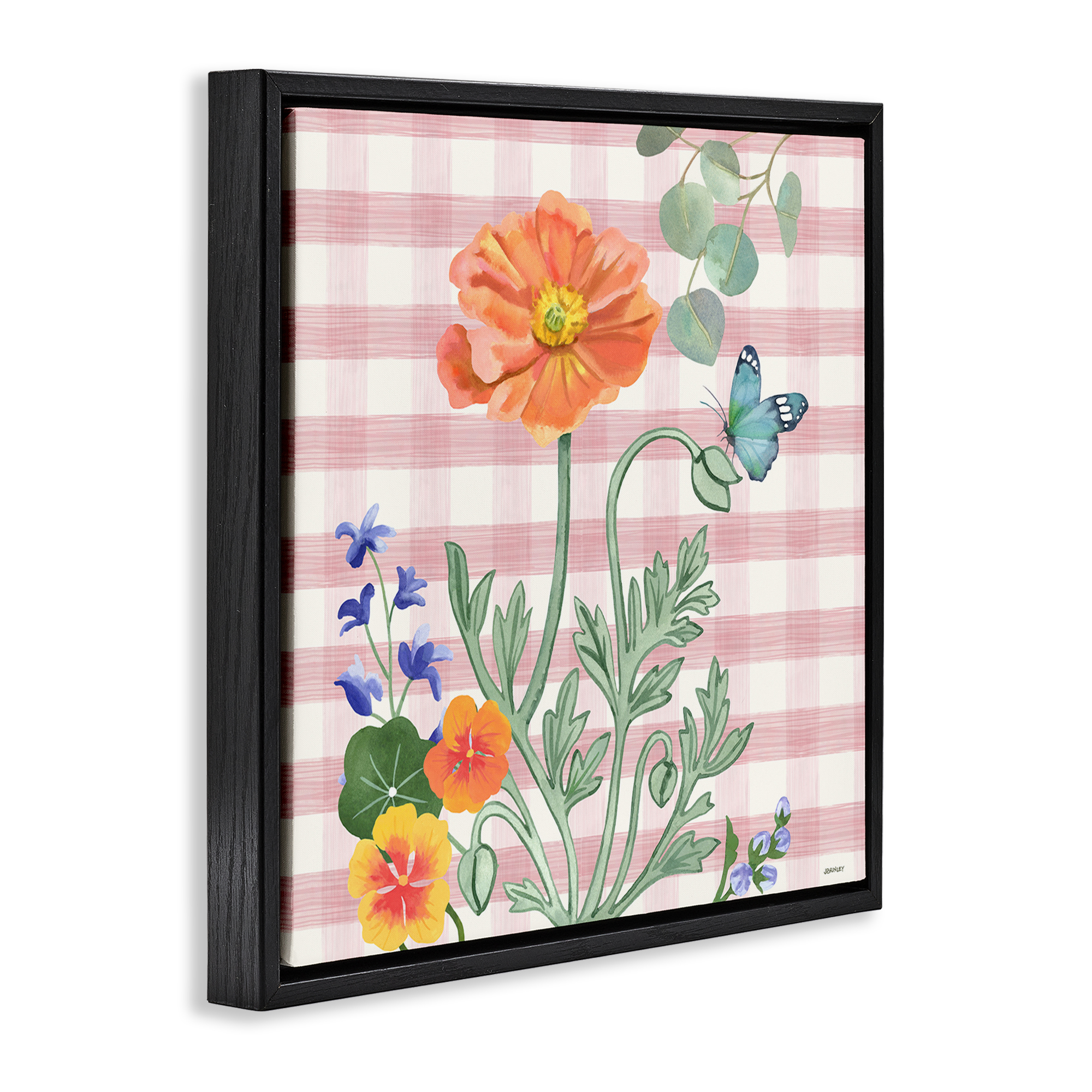 Stupell Industries Gingham Garden Poppy Botanical & Floral Painting Black Floater Framed Canvas Art Print Wall Art, 18 x 18