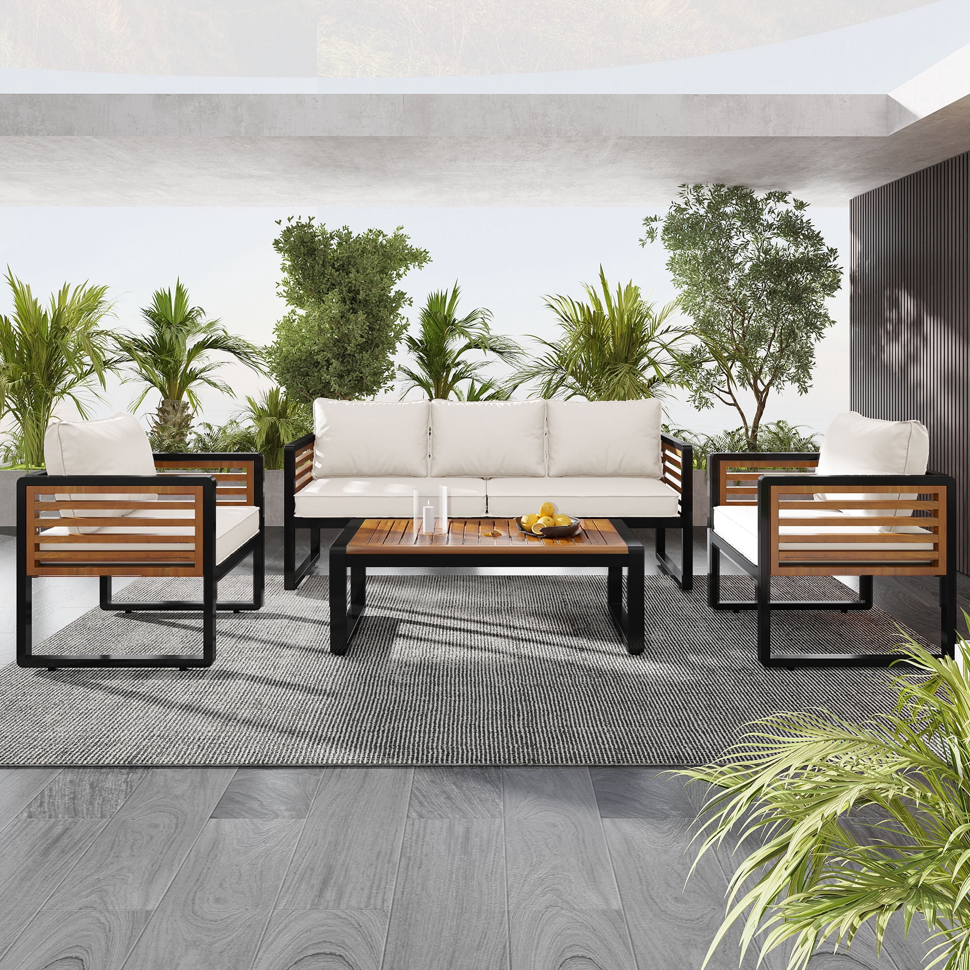 4-Piece Outdoor Furniture Set, Large Metal Patio Conversation Set with Cushion & Acacia Wood Tabletop, Beige
