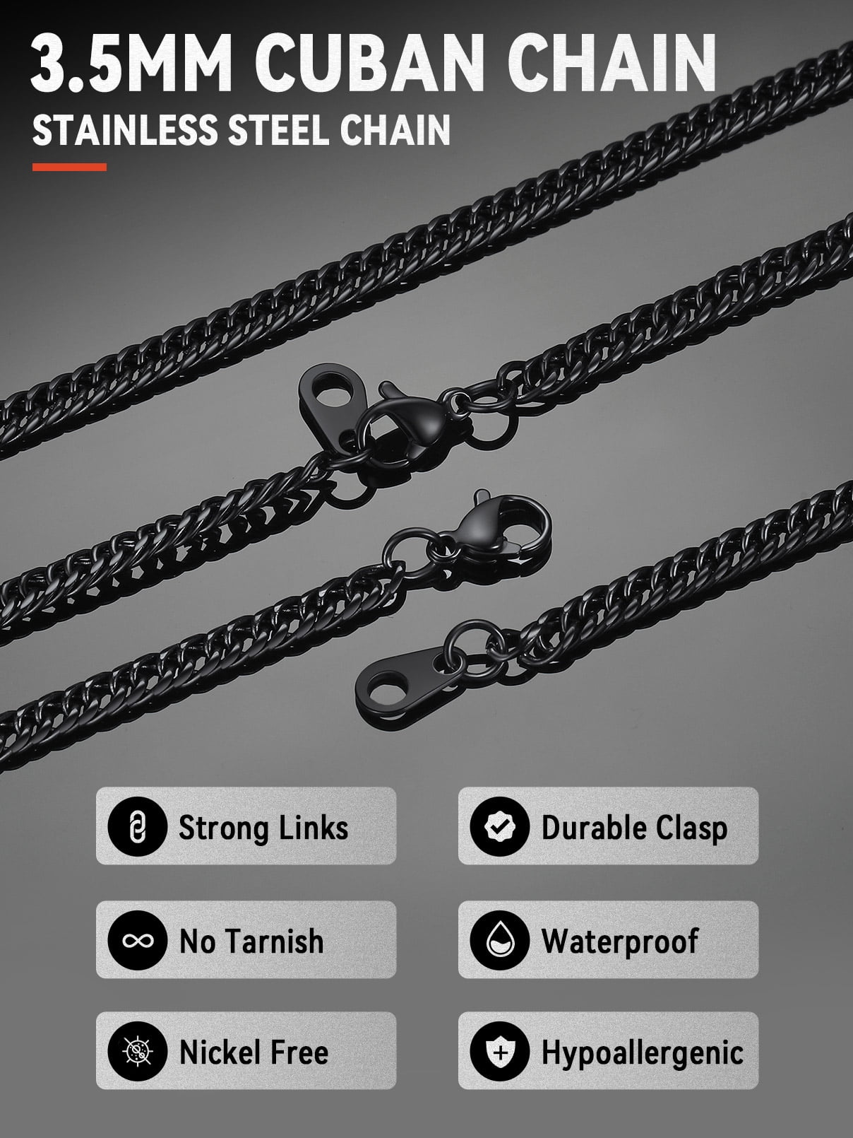 FaithHeart Miami Cuban Link Chain Necklace for Men Black Stainless Steel 3.5mm Curb Chains Mens Necklace Hip Hop Jewelry Gift for Husband Anniversary 22"