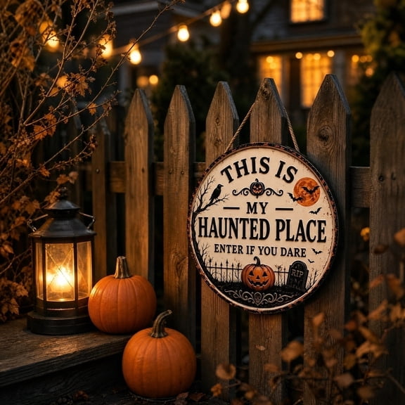 Halloween Hanging Decorations 12 Inch Vintage Wooden Round Sign Spooky Haunted Place Design Halloween Decor for Home Indoor Outdoor Front Door Porch Wall Party Display, 1 Pack