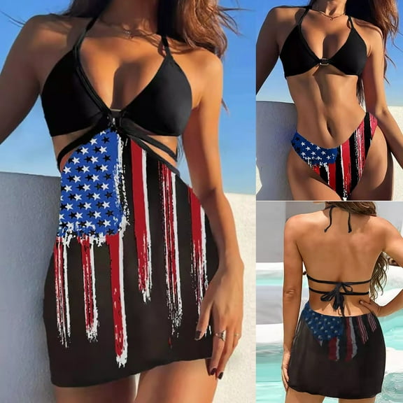 American Flag Bikini For Women LAWOR Women's Three Piece Set Swimsuits Print Tummy Control Swimwear Beachwear