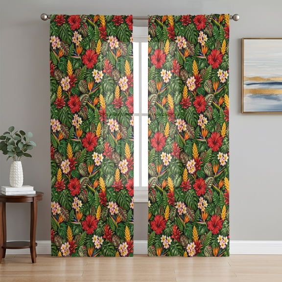 Tropical Botanical Sheer Curtains 63 Inch Length 2 Panels Set, Summer Rainforest Flowers Leaves Rustic Window Treatment Rod Pocket Curtains Sheers Drapes for Bedroom/Living Room/Kitchen 52x"63"x2