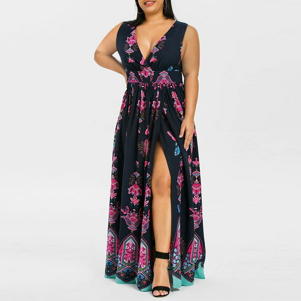 zanvin Women Plus Size Casual Dress Summer fashion V-Neck Split Hem Floral  Print Full-Length Loose Party Club Night Out Dresses,Purple