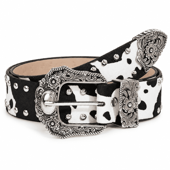 TRISJEM Cow Print Western Belt for Women, Studded PU Leather Cowgirl Belt