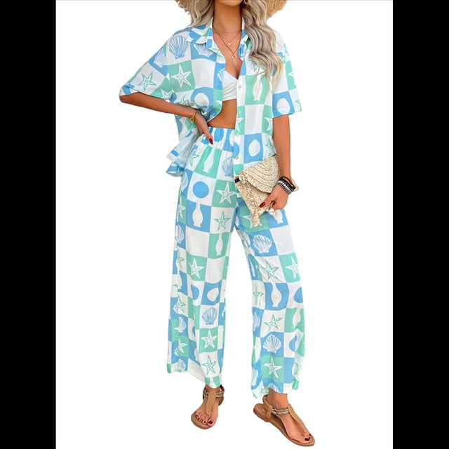 Conjunto de 2 Piezas de Chándal de Verano para Playa con Camisa de Corta y Botones para Mujer, Top Estampado, Pantalones Cortos de Descanso Tablero de Ajedrez XL