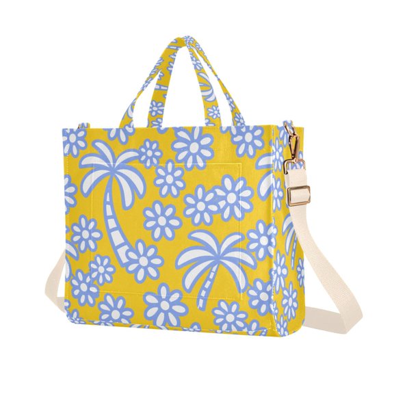 FORMRS Womens Corduroy Tote Bag Crossbody Shoulder Purse Handbag with Detachable Strap, Yellow Palm Tree Pattern