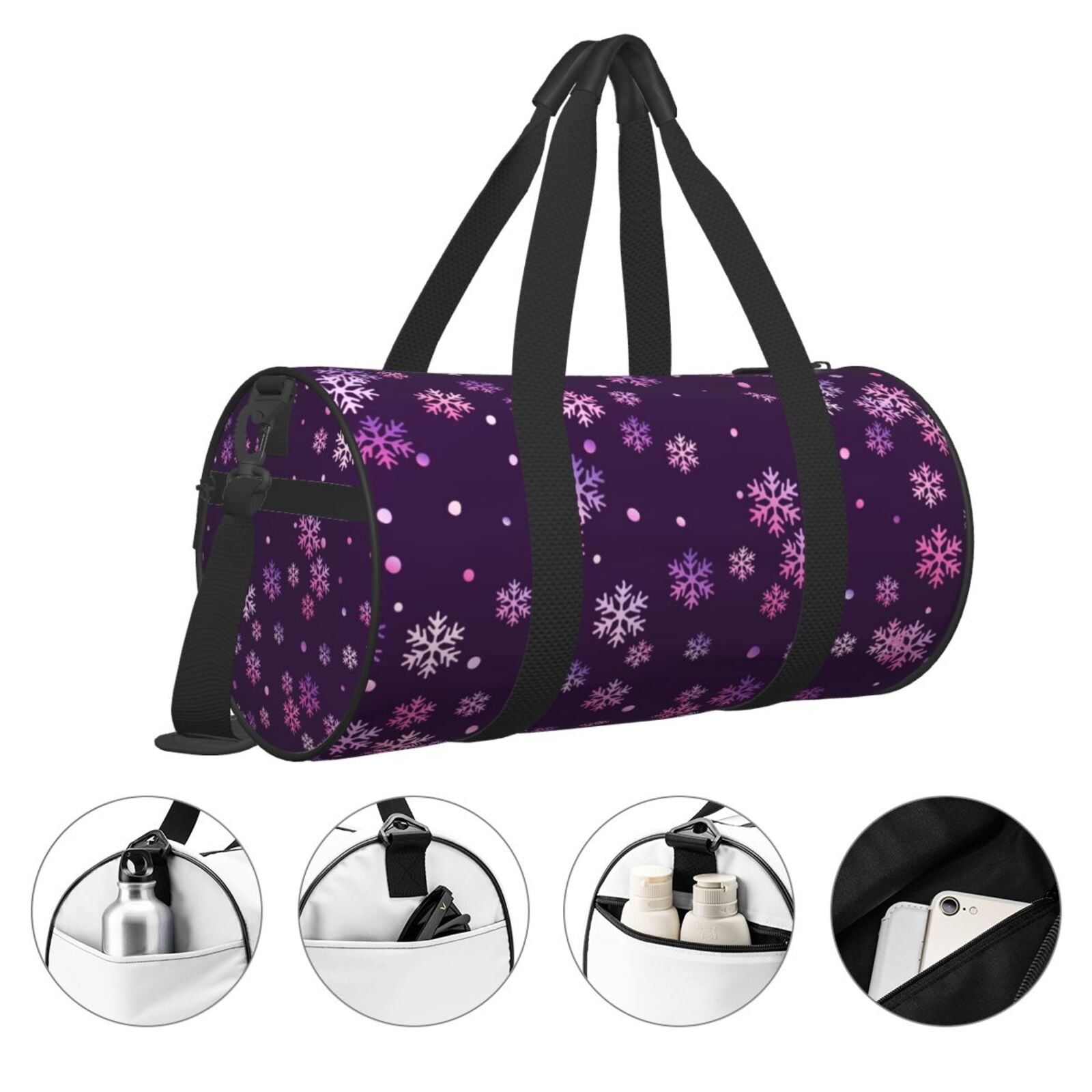Vsdgher Purple Snow Flakes 45L Foldable Duffel Bag, Sports Gym Bag,Overnight Bag, Portable Weekender Bag for Airplanes