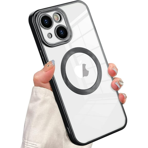 Compatible iPhone 14 Plus 6.7 Inch 2022 Magnetic Clear Case, Electroplated Soft Slim Clear TPU Back Case, [No Yellowing] [Military Drop Protection] Tempered Screen Protector (Black)
