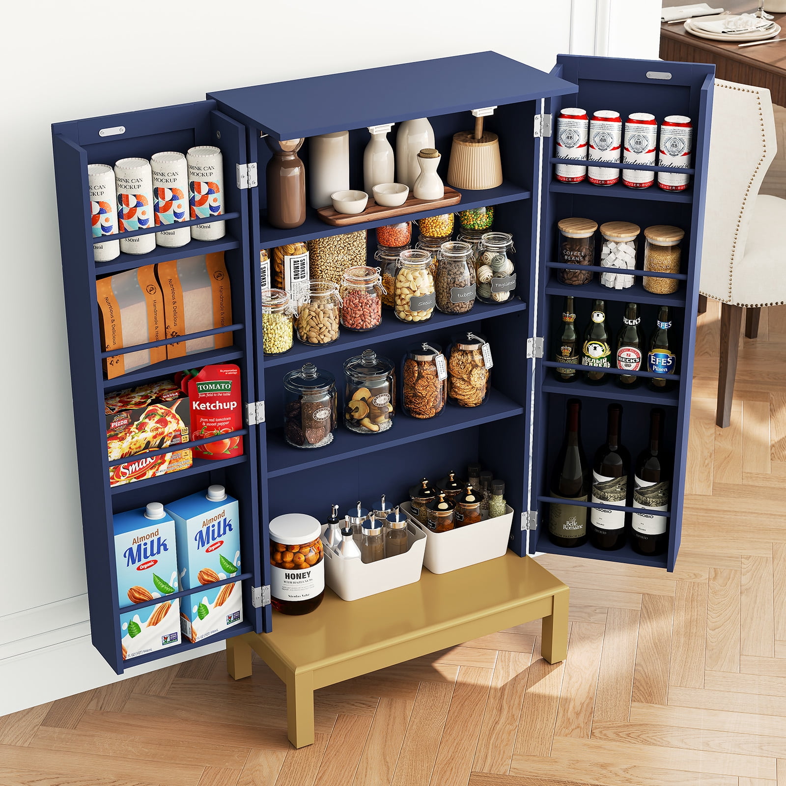 HLR 45" Kitchen Pantry Cabinet with Doors and Adjustable Shelves, Food Storage for Dining Room, Navy Blue