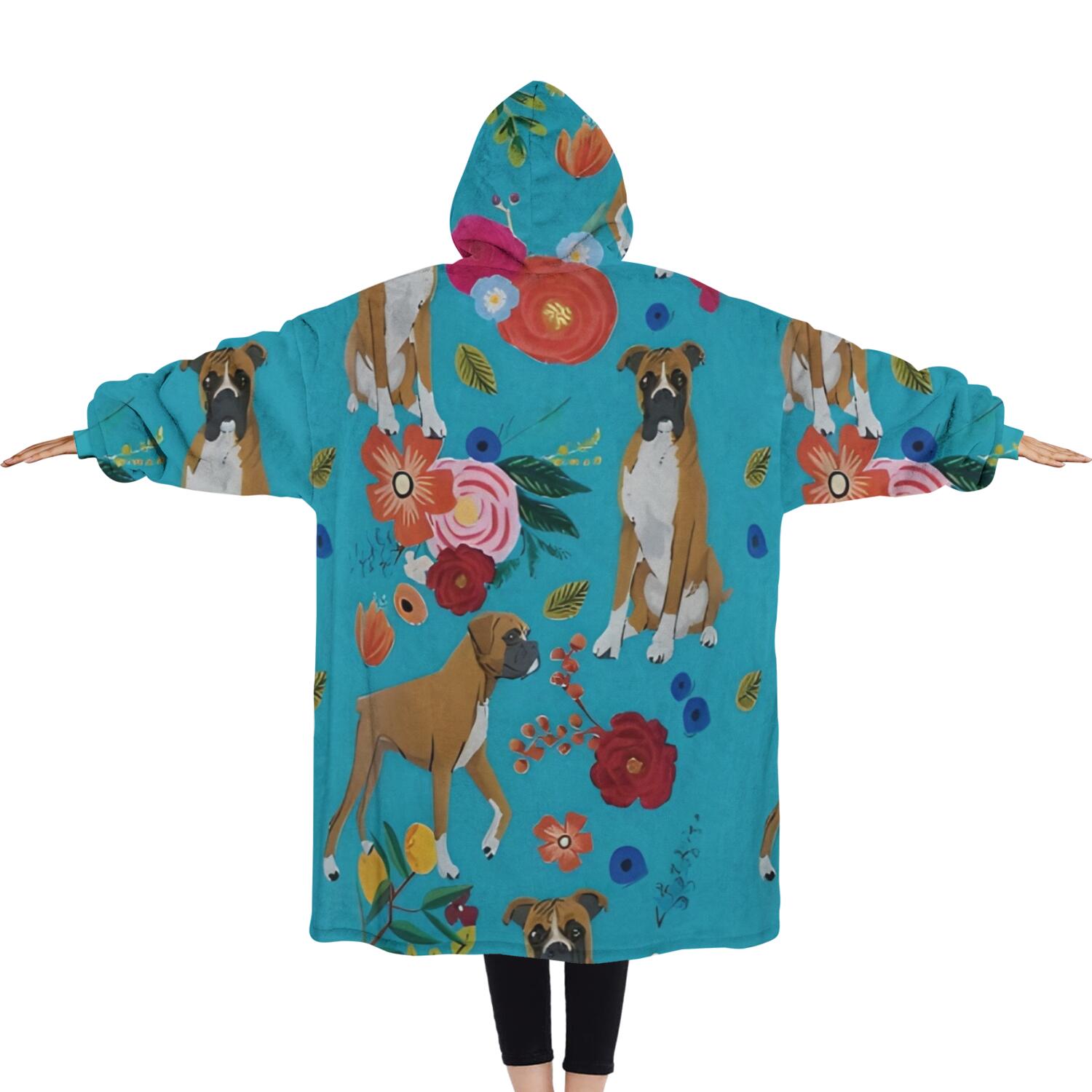 Oversized Wearable Blanket Hoodie,Dogs with Pioneer Flower Sherpa Blanket Hoodie with Super Pockets,Super Warm Fuzzy Pullover for Women & Men