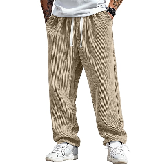 Dresfit Wide Leg Pants Men Lounge Linen Pants Summer Elastic Waist Drawstring Straight Leg Slacks Big and Tall Lightweight Uncuffed Travel Vacation Loungewear Beige M