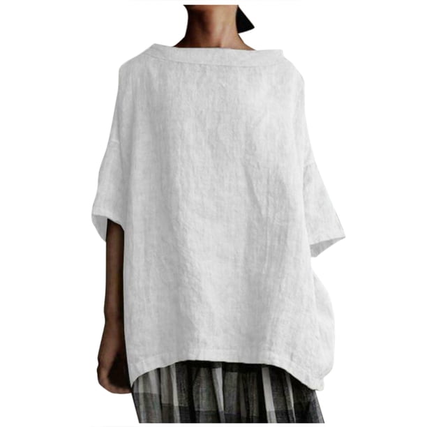 Gibobby Blusas Casual Blusa de mujer de color liso y camiseta suelta de algodón de lino para mujer(Blanco, L)