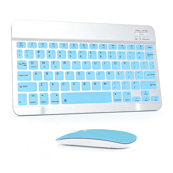 GJX Bluetooth Keyboard and Mouse Combo, Qwert Layout Universal Ultra-Slim Wireless Keyboard Mouse Set for Android Windows Ipad Iphone Tablet Portable Compact Keyboard Set, Light Blue