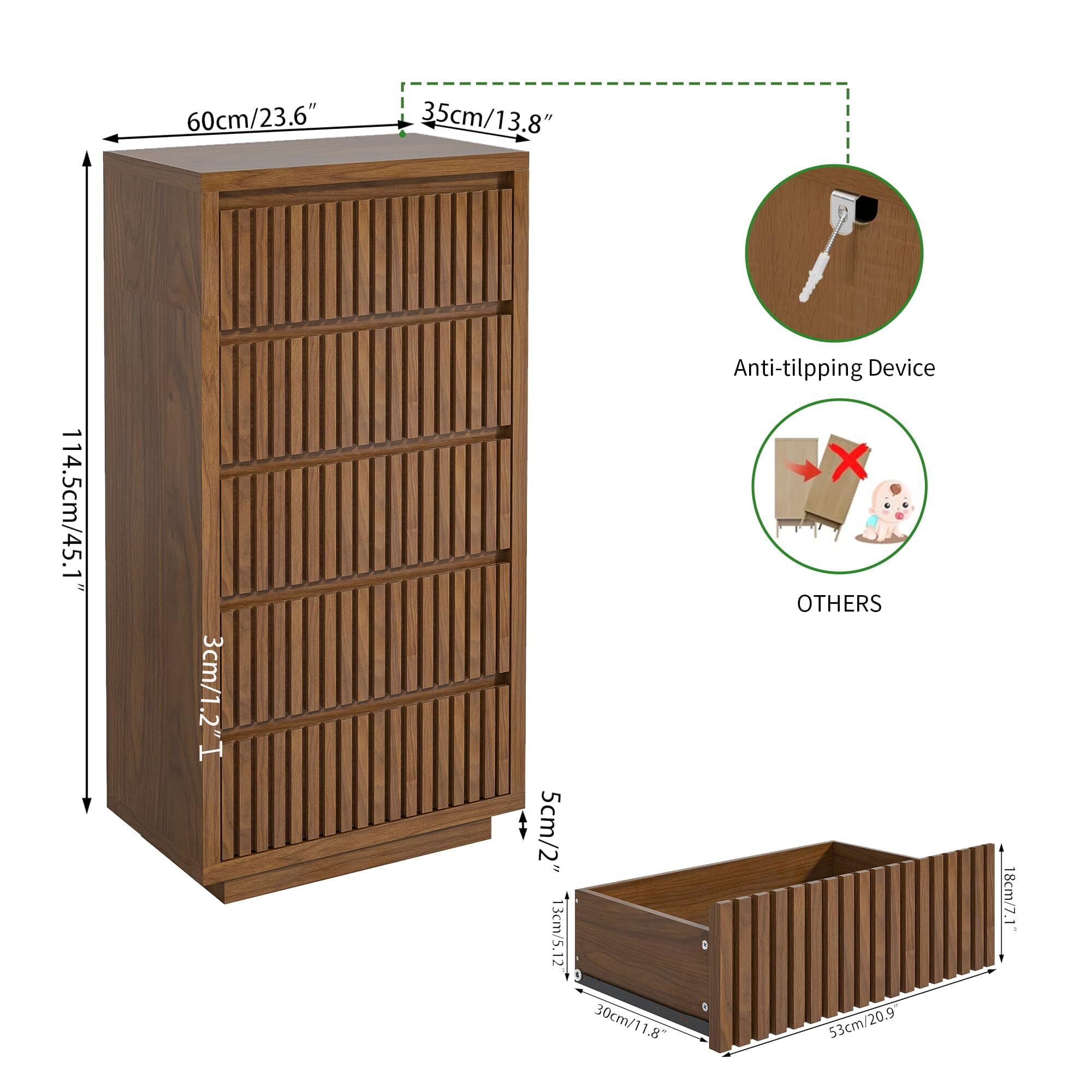 Fluted Tall 5 Drawer Dresser, 45" Mid Century Wood Chest for Bedroom, Modern Closet Clothes Storage Organizer, Walnut Brown Cabinet