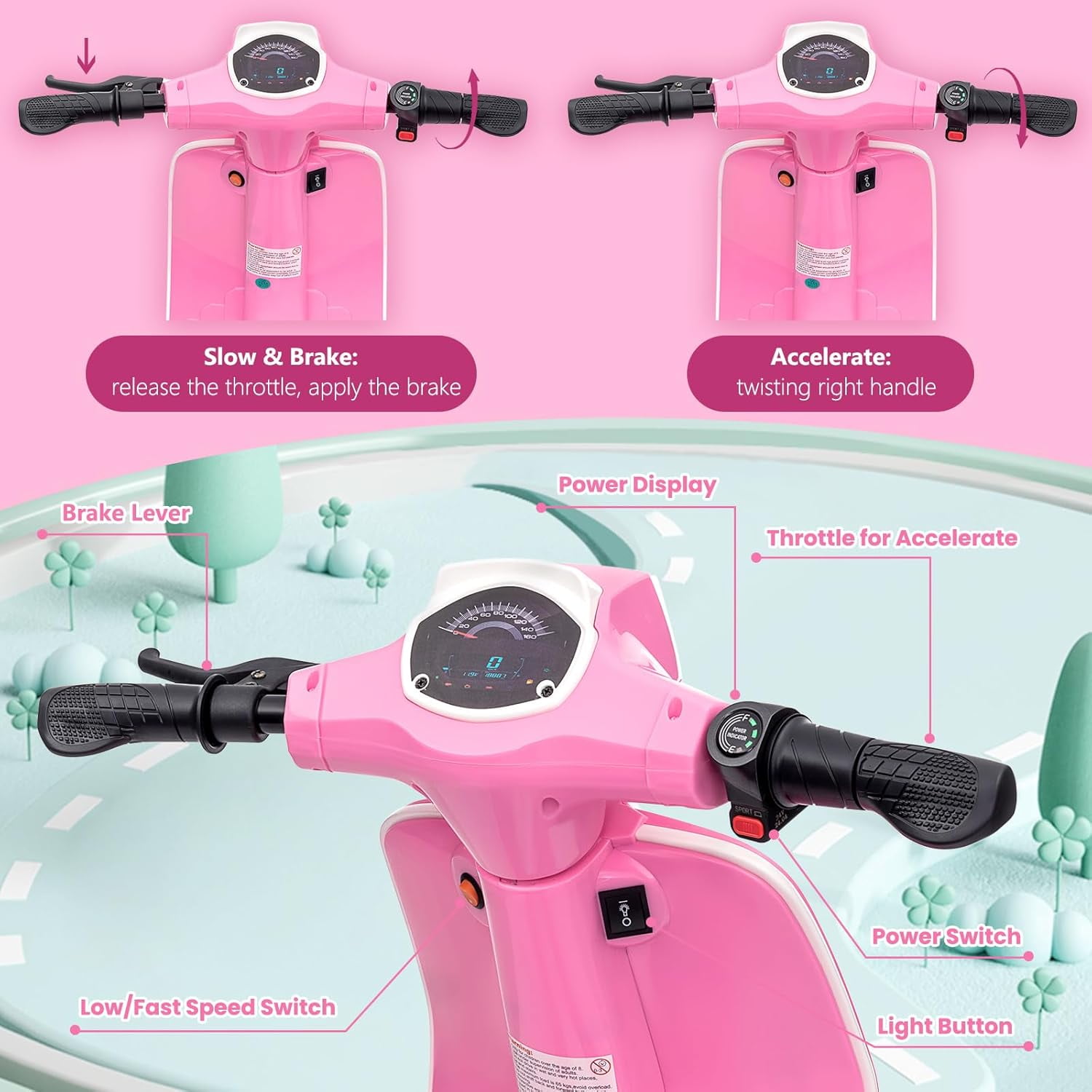 Trilenars 24V 350W Electric Moped Scooter for Kids, Kids Ride on Motorcycle, Max Up to 14MPH, with Rear Brake, Twist Grip Throttle & LED Light, Electric Motorbike for Teens 8-12,Pink
