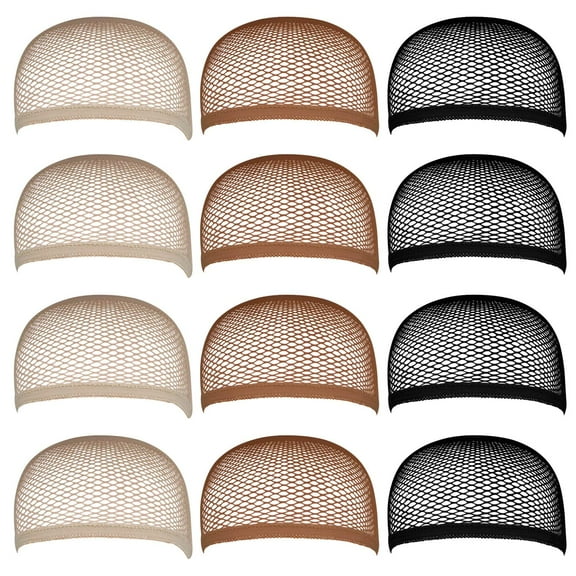 Wig Cap Open End Mesh Net Liner Weaving Cap Brown and Black Pack of 12