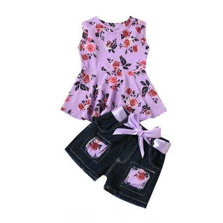 

Yinyinxull Kids Baby Girls Clothes Jeans Sets Floral Vest Patchwork Elastic Denim Shorts Purple 12-18 Months