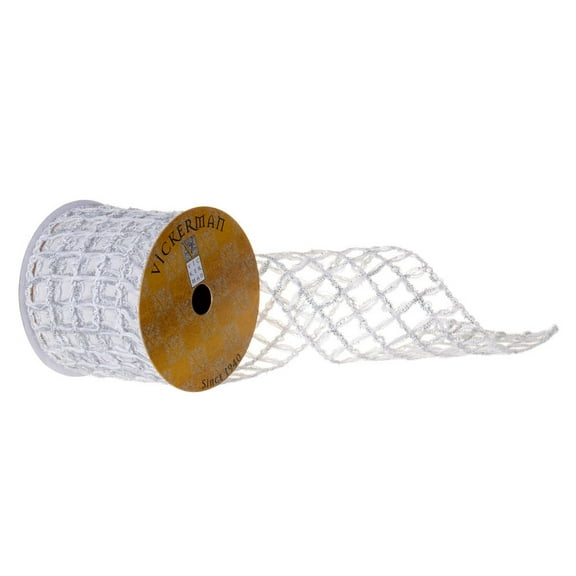 4"X10Y Whte Jute Silvr Tinsel Grid Rbbon