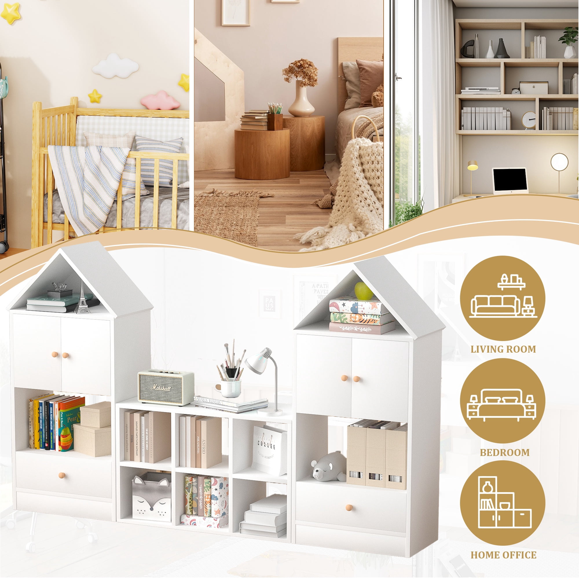 PORKISS Kids Bookshelf, Wooden Bookshelf for Kids with House-Shaped Design, Modern Toy Organizer with Storage for Playroom, Bedroom, White