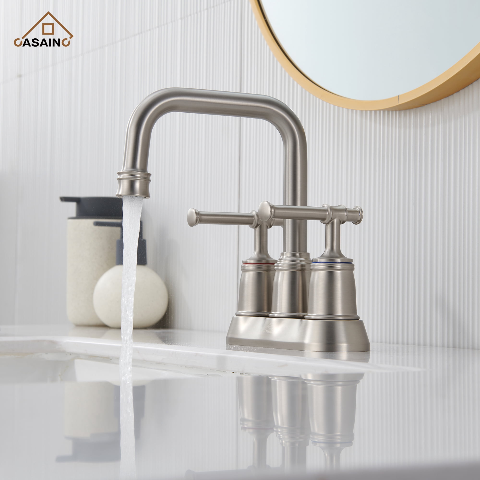 CASAINC Double Handle 2-Hole Centerset Bathroom Sink Faucet Pop Up Drain, Brushed Nickel